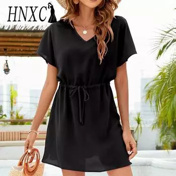 HNXC Женская мода лето весна однотонный принт с коротким рукавом и v-образным вырезом повседневные платья S чёрный