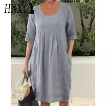 HNXC Женская мода лето весна однотонный принт короткий рукав О-образный вырез повседневные платья S небесно-голубой