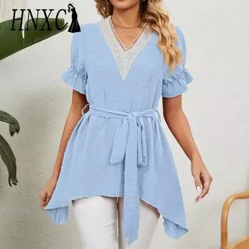 HNXC женская мода лето весна однотонный принт с коротким рукавом и v-образным вырезом с высокой талией повседневные платья S чёрный