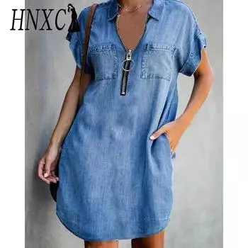 HNXC Женская мода лето весна однотонный принт короткий рукав поло-воротник повседневные платья S темно-синий