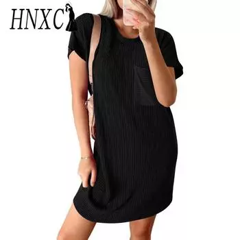 HNXC Женская мода лето весна однотонный принт короткий рукав О-образный вырез повседневные платья S абрикосовый