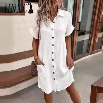 HNXC Женская мода лето весна однотонный принт короткий рукав поло-воротник повседневные платья S белый