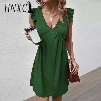 HNXC женская мода лето весна однотонный принт без рукавов с v-образным вырезом и высокой талией повседневные платья S зелёный