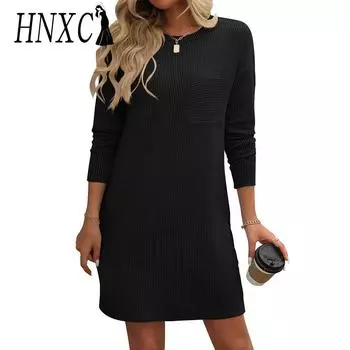 HNXC Женская мода лето весна однотонный принт с длинным рукавом и круглым вырезом повседневные платья S темно-серого