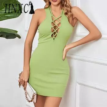 HNXC женская мода лето весна однотонный принт без рукавов с v-образным вырезом и высокой талией повседневные платья S зелёный