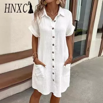 HNXC Женская мода лето весна однотонный принт короткий рукав поло-воротник повседневные платья S белый