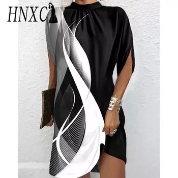 HNXC Женская мода лето весна однотонный принт короткий рукав полуводолазка повседневные платья S