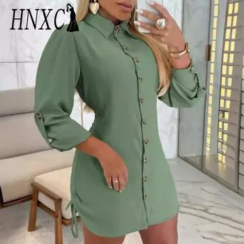 HNXC Женская мода лето весна однотонный принт короткий рукав поло-воротник повседневные платья S белый