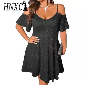 HNXC Женская мода лето весна однотонный принт с коротким рукавом и v-образным вырезом повседневные платья S чёрный