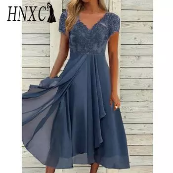 HNXC Женская мода лето весна однотонный принт короткий рукав V-образный вырез повседневные платья S синий