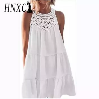 HNXC Женская мода лето весна однотонный принт без рукавов повседневные платья S белый