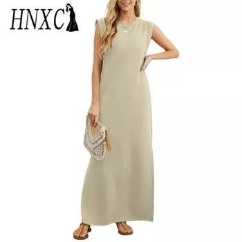 HNXC Женская мода лето весна однотонный принт без рукавов с круглым вырезом повседневные платья S чёрный