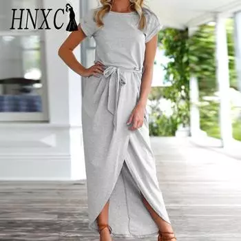 HNXC Женская мода лето весна однотонный принт короткий рукав О-образный вырез повседневные платья S розовый