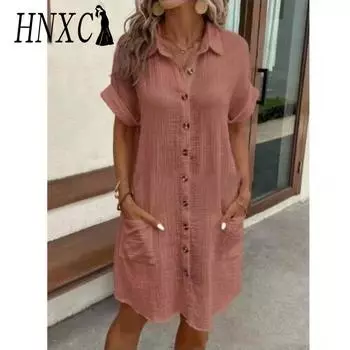 HNXC Женская мода лето весна однотонный принт короткий рукав поло-воротник повседневные платья S белый