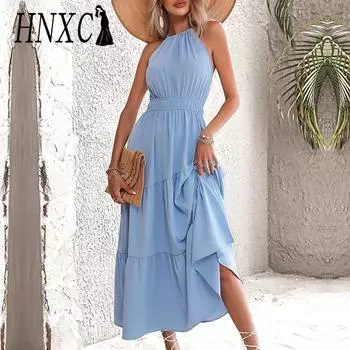HNXC женская мода лето весна однотонный принт без рукавов полуводолазка с высокой талией повседневные платья S небесно-голубой