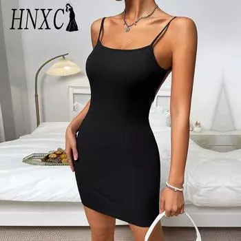 HNXC Женская мода лето весна однотонный принт без рукавов с круглым вырезом повседневные платья S чёрный