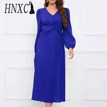 HNXC женская мода лето весна однотонный принт с длинным рукавом и v-образным вырезом с высокой талией повседневные платья S зелёный