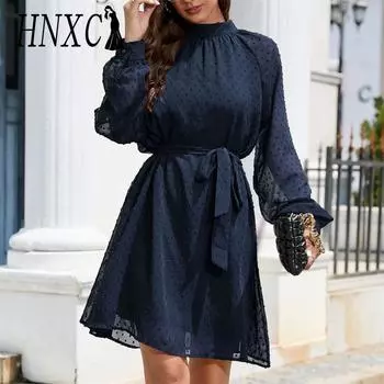 HNXC женская мода лето весна однотонный принт с длинным рукавом с высоким воротом и высокой талией повседневные платья S бордовый