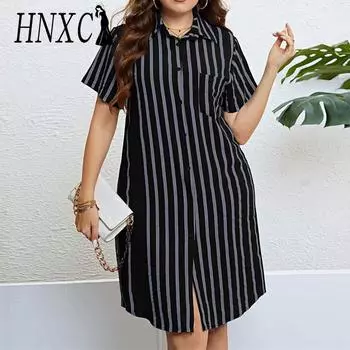 HNXC женская мода лето весна полосатый принт с коротким рукавом поло шеи повседневные платья