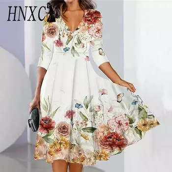 HNXC Женская мода лето весна повседневные платья с рукавом 3/4 и V-образным вырезом S