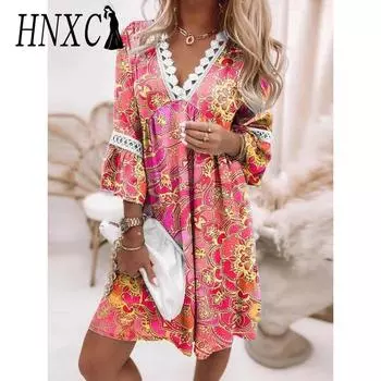 HNXC Женская мода лето весна повседневные платья с рукавом 3/4 и V-образным вырезом S белый