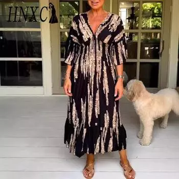 HNXC Женская мода лето весна однотонный принт короткий рукав V-образный вырез повседневные платья S чёрный