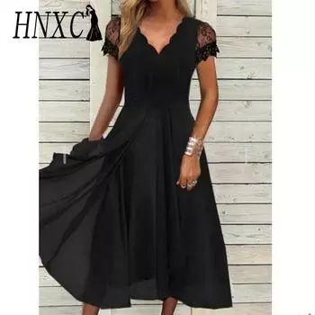HNXC Женская мода лето весна однотонный принт короткий рукав V-образный вырез повседневные платья S чёрный