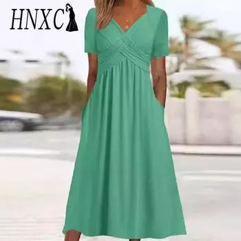 HNXC Женская мода лето весна сплошной цвет печати короткий рукав V-образным вырезом повседневные платья S зелёный
