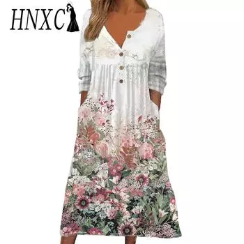 HNXC Женская мода осень-зима цветочный принт длинный рукав V-образный вырез повседневные платья M