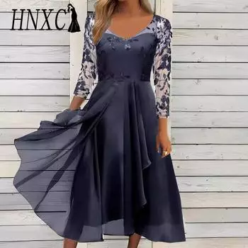 HNXC Женская мода осень-зима цветочный принт длинный рукав V-образный вырез повседневные платья S серый