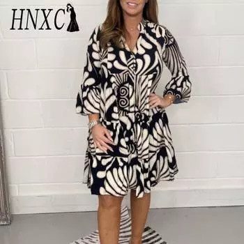 HNXC Женская мода осень-зима цветочный принт длинный рукав поло-воротник повседневные платья S синий