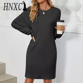 HNXC Женская мода осень-зима однотонный принт длинный рукав О-образный вырез повседневные платья S розовый