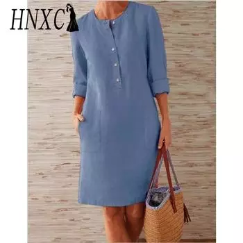 HNXC Женская мода осень-зима однотонный принт длинный рукав О-образный вырез повседневные платья S белый