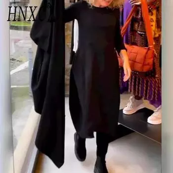 HNXC Женская мода осень-зима однотонный принт длинный рукав О-образный вырез повседневные платья S чёрный
