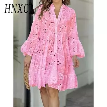 HNXC Женская мода осень-зима однотонный принт длинный рукав V-образный вырез повседневные платья S белый