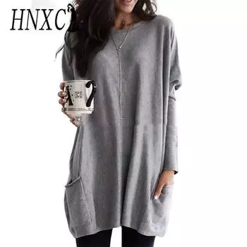 HNXC Женская мода осень-зима однотонный принт длинный рукав О-образный вырез повседневные платья S чёрный