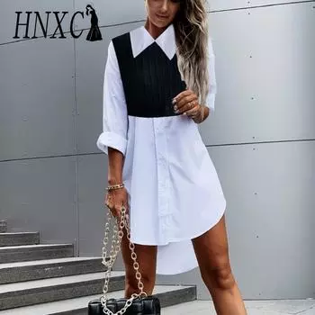 HNXC Женская мода осень зима однотонный принт с длинным рукавом поло-шея повседневные платья S белый