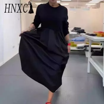 HNXC Женская мода осень-зима однотонный принт длинный рукав О-образный вырез повседневные платья S чёрный