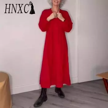HNXC Женская мода осень-зима однотонный принт длинный рукав V-образный вырез повседневные платья S красный