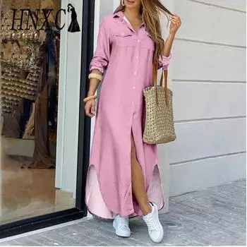 HNXC Женская мода осень-зима однотонный принт длинный рукав поло-воротник повседневные платья S розовый