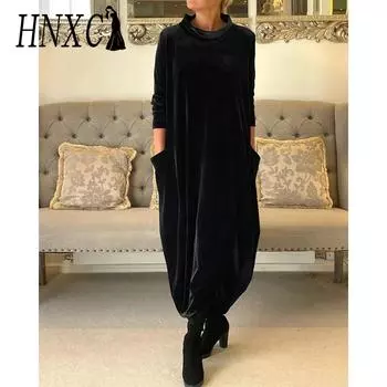 HNXC Женская мода осень-зима однотонный принт длинный рукав О-образный вырез повседневные платья S красный