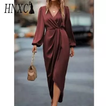 HNXC Женская мода осень-зима однотонный принт длинный рукав V-образный вырез повседневные платья S бордовый