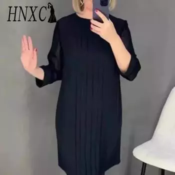 HNXC Женская мода осень-зима однотонный принт длинный рукав О-образный вырез повседневные платья S зелёный