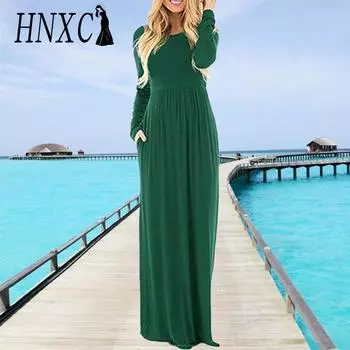 HNXC Женская мода осень-зима однотонный принт длинный рукав О-образный вырез повседневные платья S зелёный