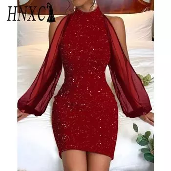 HNXC Женская мода осень-зима однотонный принт длинный рукав полуводолазка повседневные платья S