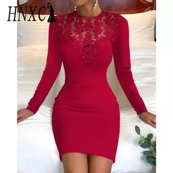 HNXC Женская мода осень-зима однотонный принт длинный рукав О-образный вырез повседневные платья S чёрный