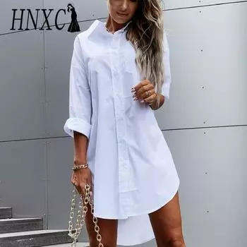 HNXC Женская мода осень зима однотонный принт с длинным рукавом поло-шея повседневные платья S белый