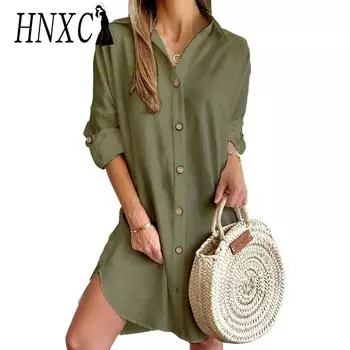 HNXC Женская мода осень зима однотонный принт с длинным рукавом поло-шея повседневные платья S белый