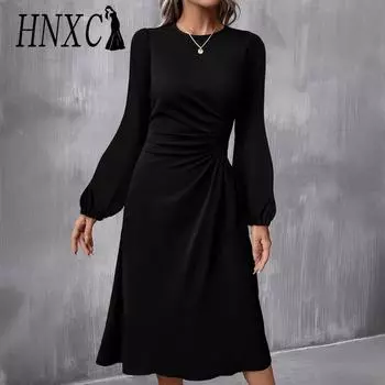HNXC Женская мода осень-зима однотонный принт длинный рукав О-образный вырез повседневные платья S чёрный