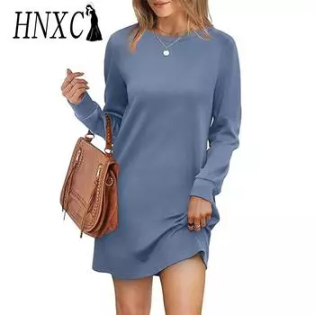 HNXC Женская мода осень-зима однотонный принт длинный рукав О-образный вырез повседневные платья S белый